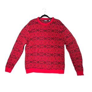 Chaps Mens Fair Isle Sweater Sz Large Crew Neck Red Knit Top Holiday Winter Cozy